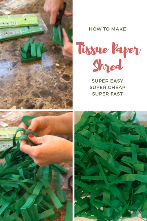 All you need to make this DIY tissue shred is a pair of scissors and tissue paper. Just cut strips from the folded tissue paper, tear apart the layers and fluff. I use it for gift wrapping, basket filler, bag filler, vase filler, gift basket filler and more! Diy Paper Shred, Gift Box Filler Ideas Diy, How To Put Tissue Paper In A Gift Basket, Tissue Paper Folding Ideas, Tissue Paper In Gift Boxes, Tissue Paper Gift Box Packaging Ideas, Package Filler Ideas, Box Filler Ideas Packaging, Gift Box Filler Ideas