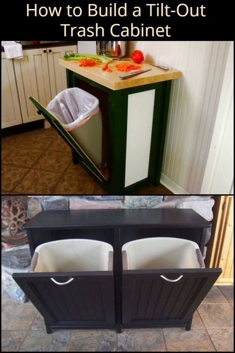 This DIY Tilt-Out Trash Cabinet Keeps Your Trash Bin Out of Sight Kitchen Garbage Can Storage, Trash Bin Cabinet, Cabinet Trash Can, Cabinet Trash, Tilt Out Laundry Hamper, Hide Trash Cans, Garbage Can Storage, Trash Cabinet, Bin Cabinet