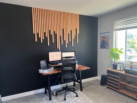 Office with black walls, added slats, DIY- Raw Edge office desk Wall With Slats, Black Office Wall, Slat Wall Diy, Slatted Wall, Golf Room, Office Wall Design, Black Accent Walls, Timber Slats, Wood Office