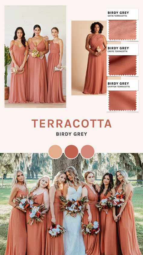 Bridesmaids Fall Colors, Sedona Bridesmaid Dresses, September Bridesmaid Dresses Color Palettes, Spring Wedding Colors Dresses, Terracotta And Blush Bridesmaid Dresses, Dress Peach, Birdy Grey Terracotta Bridesmaid Dresses, Burnt Peach Bridesmaid Dresses, Bridesmaid Dresses Terracotta