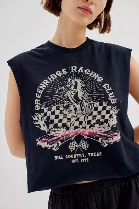 Muscle Tank Outfit, Muscle Tee Outfits, Graphic Muscle Tee, Women's Graphic Tees, Racing Club, Vintage Graphic Tees, Womens Muscle Tank, Black Shirts Women, Tank Outfit