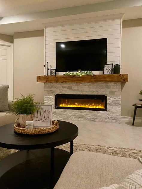 Diy Shiplap Fireplace, Electric Fireplace Living Room, Basement Fireplace, Built In Electric Fireplace, Electric Fireplace Wall, Build A Fireplace, Fireplace Tv Wall, Linear Fireplace, The Mantle