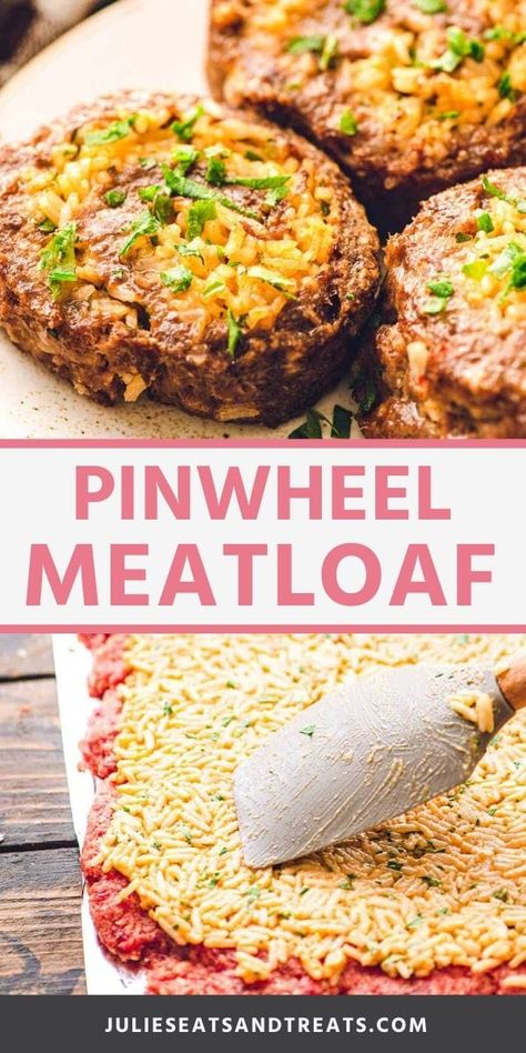 If you are looking for a new, delicious twist on meatloaf you are going to love this Pinwheel Meatloaf! The meatloaf is rolled up "cake roll" style with a cheesy rice filling. The result is a beautiful pinwheel effect that's not only pretty but delicious. Make this dinner recipe to impress your family or guests! #meatloaf #recipe Meatloaf With Rice In It, Meatloaf Roll, Meatloaf Stuffed, Cheesy Meatloaf, Delicious Meatloaf, Cheesy Rice, Sleeveless Sweaters, Classic Meatloaf Recipe, Meat Dish