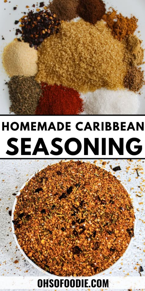 Text reads Homemade Caribbean Seasoning From Scratch Voodoo Seasoning Recipe, Caribbean Seasoning, Seasoning Mix Recipes, Flavored Salts Recipes, Herb Salt Recipe, Seasoning Salt Recipe, Spice Rubs, Homemade Dry Mixes, Salt Free Seasoning