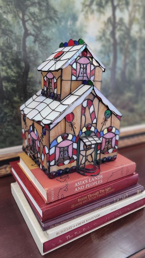 For more one of a kind thrifted items and thrifting tips & tricks, follow us on Instagram! @my.home.her.home.twins Gingerbread house, stained glass, christmas house, christmas village, gingerbread cottage, christmas night light Stained Glass Christmas Village, Stained Glass Gingerbread House, Christmas Stained Glass Ideas, Stained Glass Gingerbread, Glass Gingerbread House, Bungee Fitness, Santa Village, Thrifting Tips, Gingerbread Cottage