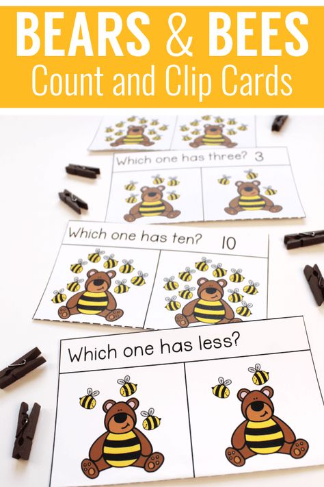 Counting Bears Printables Free, Clip Cards Free Printable, Hibernation Preschool Activities, Prek Themes, Aba Activities, Counting Bears, Counting Clip Cards, Preschool Spring, Bee Activities