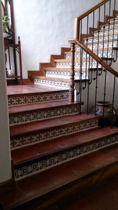 #Spanishtiles #tiles #stairs @reneepatron #travelfinds Tiled Indoor Stairs, Porcelain Tile Stairs, Wood And Tile Stairs, Spanish Tile Stairs, Tile Stairs Indoor Staircases, Tile For Stairs, Mexican Tile Stairs, Spanish Stairs, Elegant Stairs