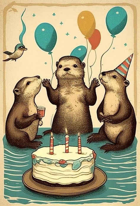 Otter Happy Birthday, Otter Birthday Cards, Otter Birthday Party, Cute Otters Drawing, Otter Party, Otter Birthday, Otter Drawing, Cute Otters, Otter Illustration