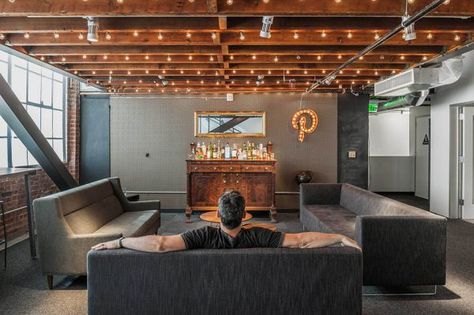 Pinterest’s San Francisco Headquarters – A Restored Warehouse With Industrial Charm Basement Light Fixtures, Exposed Basement Ceiling, Basement Ceiling Painted, Industrial Basement, Low Ceiling Basement, Exposed Ceilings, Basement Lighting, Diy Basement, Basement Ceiling