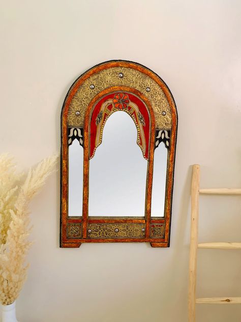 "Moroccan Vintage Arch Mirror, Wall Mirror Decor, Handmade Mirror, Decorative Large Mirror, Floor Mirror, Bone Mirror, Luxury Mirror, Gifts Add some extra Boho-chic accent to your home with this amazing Moroccan mirror, made by our high skilled  Moroccan artisans, It serves as an eye-catching centerpiece for your living area, made of brass & silver metal , bone, and glass. Its bone has an incredible color, dyed with Moroccan henna ( Natural Dye from the leaves of a plant \"Lawsonia inermis\"). B Bohemian Arch Mirror, Indian Floor Length Mirror, Arabic Mirror, Moroccan Mirror Cabinet, Morrocan Wall Mirror, Moroccan Henna, Moroccan Mirror, Handmade Mirror, Luxury Mirror