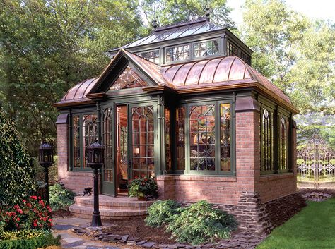 Conservatory Addition To House, Solarium Addition, Brick Conservatory, Vintage Green House, Solarium Room, Porch Greenhouse, Greenhouse Ideas, Guest Cottage, Sunrooms