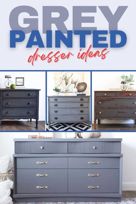 Grey Painted Dresser Ideas Grey Dresser Makeover, Grey Painted Dresser, Painted Dresser Ideas, Gray Dresser Makeover, Broken Dresser, Best Paint For Wood, Benjamin Moore Blue, Pink Dresser, Gray Nightstand