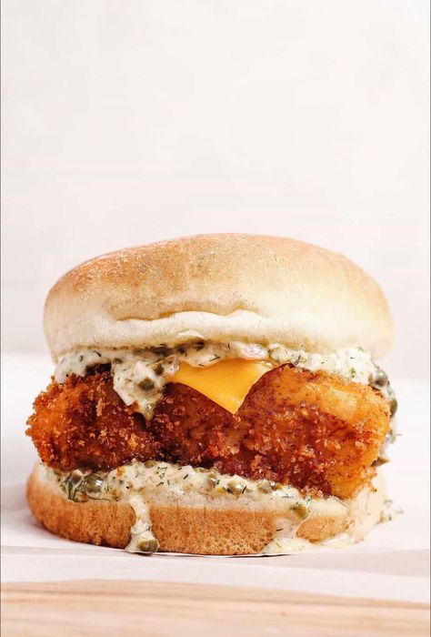 Crispy Fish Sandwich - Whisper of Yum Whisper Of Yum, Crispy Fish, Homemade Tartar Sauce, Fish Sandwich, Tartar Sauce, American Cheese, Chicken Sandwich, Wrap Sandwiches, Sandwich Recipes