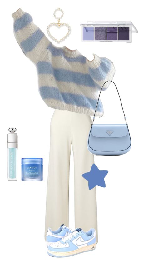 Blue Oufitts Ideas, Blue Trendy Outfits, Blue And White Outfit Ideas Winter, Outfits In Blue, White And Pastel Outfit, Aesthetic Combination Outfit, Cute Outfits Blue And White, Blue Aesthetic Outfit Ideas, Retro Pastel Outfit