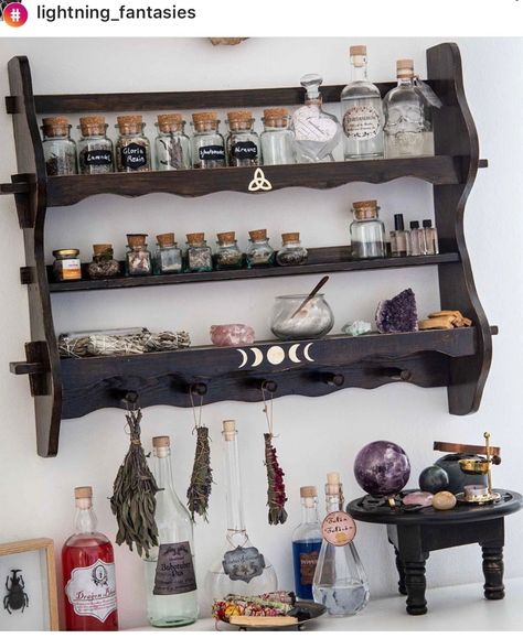 Witchy Beauty Room, Diy Witchy Shelves, Witch Altar Shelves, Witchy Guest Bedroom, Witchy Shelf Ideas, Witchy Shelves Decor, Witchy Dresser Decor, Witch Supply Storage, Wiccan Decor Diy Ideas