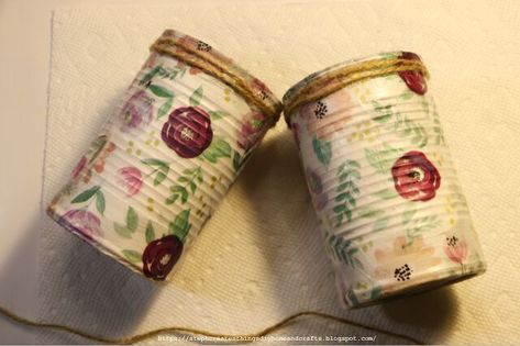 Hi everyone! I hope you are all doing well. Today I decided to bring you a simple upcycled project. We're taking two tin cans, and transforming them using mod podge, and a few other materials. Connect with me!YouTube- Modge Podge Fabric, Deco Podge, Glue Painting, Upcycled Projects, Craft Board, Tin Cans, White Acrylic Paint, Create Diy, Upcycled Crafts