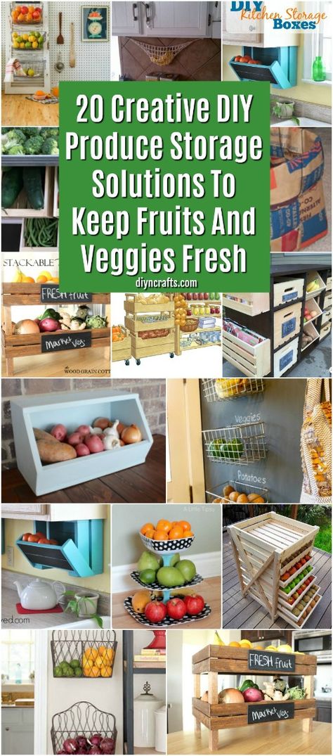 Creative Fruit Storage, Produce Storage Small Kitchen, How To Store Vegetables In Pantry, Veg Storage In Kitchen, Dry Produce Storage, Wooden Produce Storage, Fruit And Veggie Organization, Vegetable Storage Bins, Diy Produce Basket