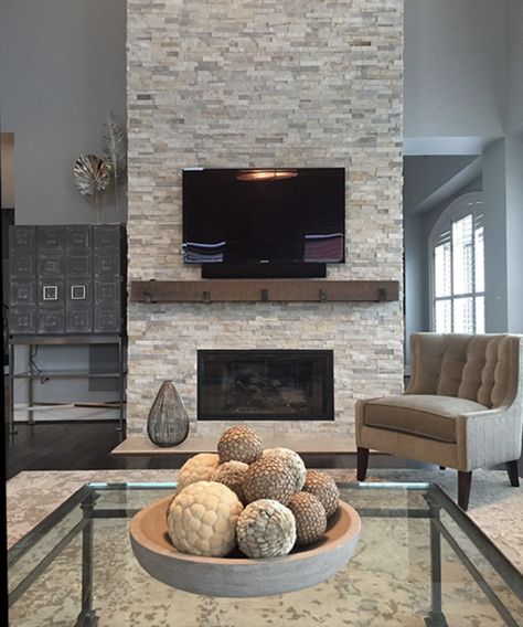 Fireplace Tile Ideas Fire Surround Stacked Stones, Stone Look Fireplace Surround, Stacked Stone Fireplaces Modern, Marble Stone Fireplace, Original Fireplace Makeover, Gray Stone Fireplace Wood Mantle, Fake Stone Fireplace Makeover, 2023 Brick Fireplace Trends, Fireplace Grey Stone