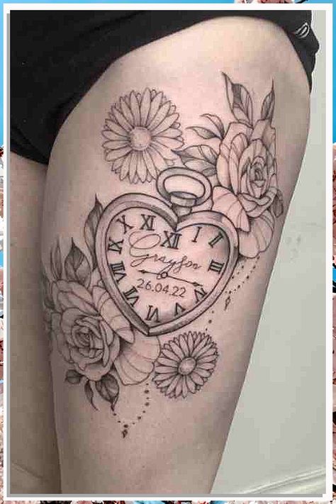 Looking for timeless ink inspiration? Check out these 9 stunning clock tattoo design ideas! From intricate pocket watches to minimalist wrist designs, these tattoos are sure to make a statement. Whether you're a fan of symbolism or simply love the aesthetic, these clock tattoos are worth considering. Explore the artistry and meaning behind these beautiful timepieces and find your perfect design. Wedding Clock Tattoo Design, Tattoos With Clocks For Women, Floral Clock Tattoo, Clock Tattoo With Flowers, Clock Memorial Tattoo, Heart Shaped Clock Tattoo, Clock Tattoo Ideas For Women, Clock Tattoo Design Women, Clock Tattoos For Women