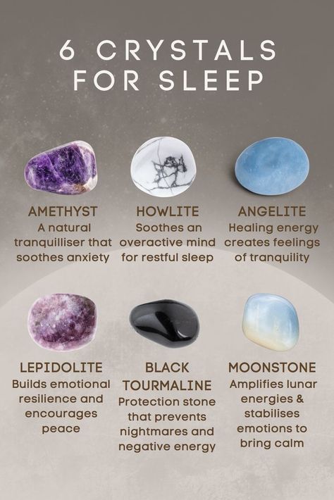 6 crystals for sleep. Amethyst, Howlite, Angelite, Lepidolite, Black Tourmaline and Moonstone Crystals For Sleep, Crystal Healing Chart, Crystal Room, Magic Spell Book, Crystal Guide, Peaceful Sleep, Spiritual Crystals, Protection Crystals, Types Of Crystals