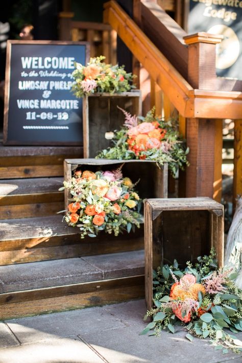 Soft greens and oranges accent the wood decor of this rustic wedding. 2014 Wedding Trends, Lodge Wedding, Deco Floral, Staircases, Event Styling, Reception Decorations, Wedding Trends, Wedding Decoration, Country Wedding