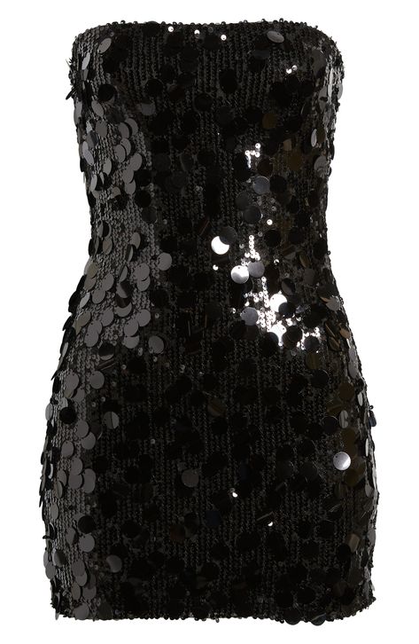 Oversized sequins shimmer and shake on this curve-hugging minidress topped with a chic strapless neckline. Square neck Strapless Polyester/spandex Hand wash, line dry Imported Lace Beaded Dress, 2000s Strapless Dress, Cute Sparkly Dress, Womens Sequin Dress, White And Black Formal Dress, Black Short Formal Dress, Night In New York Theme Dress, Black Strapless Hoco Dress, Black Sparkly Dress Outfit