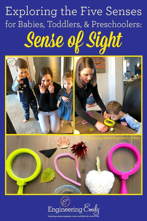 Exploring the Five Senses for Babies, Toddlers, and Preschoolers: Sense of Sight You can teach your child all about their eyes and sense of sight with these 3 fun, simple (little to no materials required), and interactive activities! Your child will have so much fun they won't even know they are learning! My kids bring their magnifying glasses with them everywhere now to investigate their surroundings.  #stemexperiment #stemactivities #kidactivites #activitiesforkids #scienceexperiments #stem Preschool Sight Sense Activities, Seeing Sense Activities Preschool, 5 Senses Activities Sight, Eye Senses Activities, Eyes Preschool Activities, Five Senses Sight Activities Preschool, Eyes Activity For Preschool, Sight Sense Activities Preschool, My Five Senses Activities For Toddlers