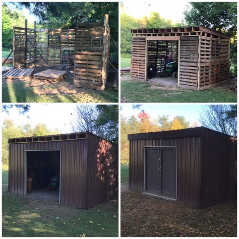 Pallet Shelter, Pallet Construction, Small Barn Ideas, Pallet Shed Plans, Pallet Barn, Loafing Shed, Horse Barn Ideas Stables, Pallet Building, Tin Shed