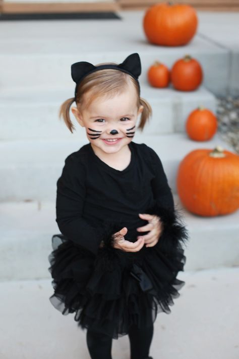 Toddler Girl Cat Halloween Costumes, Black Cat Costume Toddler, Cat Costume For Toddler Girl, Black Cat Kids Costume, Kids Kitty Cat Makeup, Toddler Girl Cat Costume, Family Cat Costumes, Toddler Kitty Costume, Cat Halloween Costume For Kids