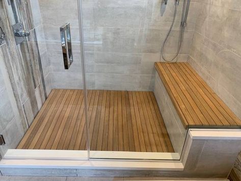 Shower With Wooden Bench, Shower With Teak Floor, Teakwood Shower Floor, Teak Bathroom Floor, Teak Wood Shower Floor, Bamboo Shower Floor, Shower Remodel With Bench, Wood Shower Floor, Senior Bathroom