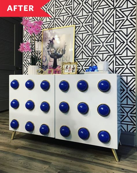 Whimsical IKEA BESTA Redo | Apartment Therapy Upcycled Sideboard, Ikea Upgrades, Ikea Besta Cabinet, Ikea Bestå Hack, Sideboard Upcycle, Colorful Apartment, Bluish Purple, Ikea Besta, Dark Kitchen