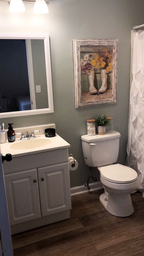 Sherwin Williams Comfort Gray. Khaki Oak Allure Traffic Master. Master Bath Sherwin Williams Comfort Gray Bathroom, Comfort Gray Bathroom, Small Bathroom Decoration, Sherwin Williams Comfort Gray, Bathroom Flip, Khaki Walls, Apartment 2023, Restroom Remodel, Small Bathroom Paint