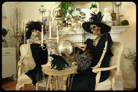 Haunted Tea Skeleton Tea Party, Shabby Chic Halloween, Witches Tea, Scene Inspiration, Balboa Island, Mirror Paint, Spooky Stuff, Painted Cottage, Halloween Decorating