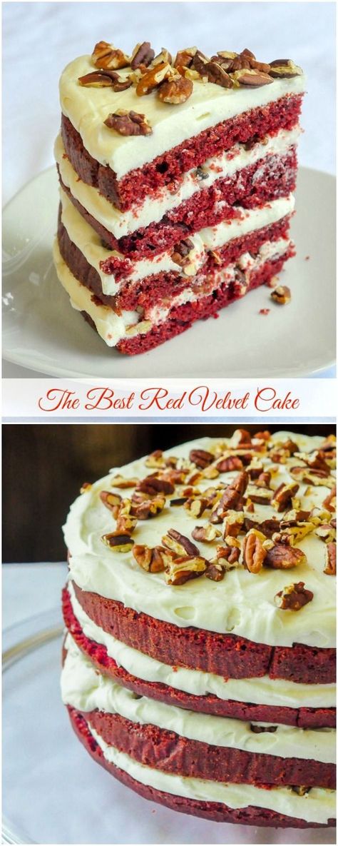 The Best Red Velvet Cake - a real Southern style cake recipe with cream cheese frosting & toasted pecans! A perfect dessert choice for 4th of July or for Canada Day! Best Red Velvet Cake, Recipe With Cream Cheese, Red Velvet Recipes, Velvet Cake Recipes, Rock Recipes, Best Cake Recipes, Cream Cheese Recipes, With Cream Cheese Frosting, Cake With Cream Cheese