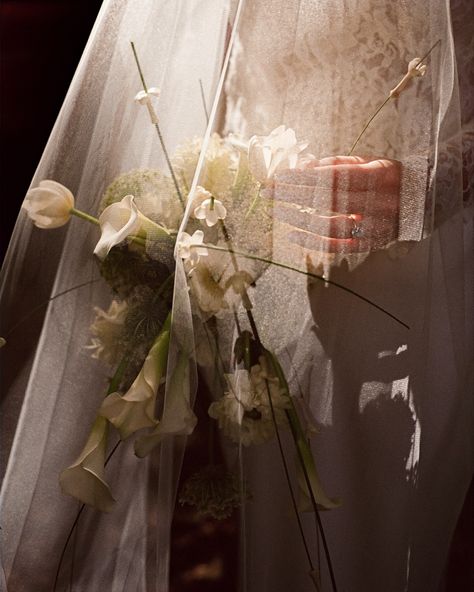 Ethereal close-up of white calla lilies and delicate flowers through sheer wedding veil in dramatic lighting Lace Wedding Dress Bouquet, Minimalist Wedding Florals, Romantic Wedding Florals, Minimalist Bouquet, Calla Lily Wedding Bouquet, Luxury Floral Arrangements, Lily Wedding Bouquet, White Lily Bouquet, Modern White Wedding