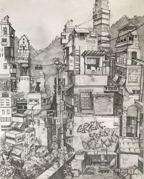 Dream city on Behance Drawing Motion, Pencil Sketches Landscape, City Playground, City Sketch, City Tattoo, Landscape Tattoo, Anime City, Building Drawing, Lata Mangeshkar