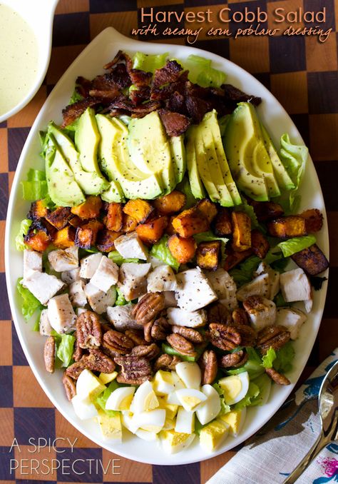 Harvest Cobb Salad with Creamy Corn & Poblano Dressing | ASpicyPerspective.com #salad #dinner #kitchenaid Harvest Cobb Salad, Corn Poblano, Salad With Lettuce, Cobb Salad Recipe, A Spicy Perspective, Harvest Salad, Creamy Corn, Autumn Salad, Fall Entertaining