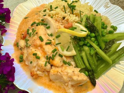 HADDOCK IN QUICK AND EASY SHRIMP NEWBURG SAUCE Haddock And Shrimp Recipes, Newburg Sauce, Shrimp Newburg, Leftover Lamb, Cauliflower Gratin, Baked Custard, Shrimp Soup, Brunch Casserole, Single Recipes