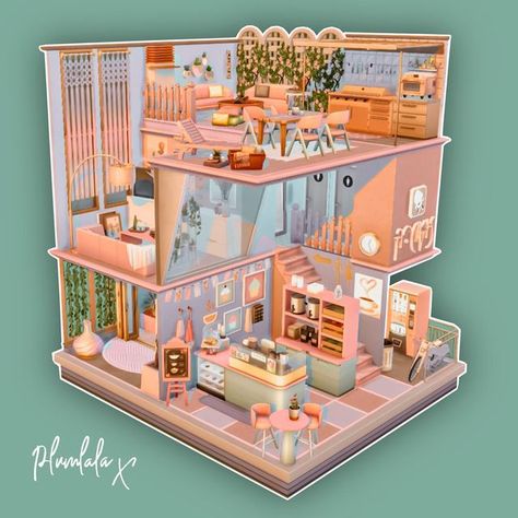 Live In Cafe Sims 4, Sims 4 Loft House Base Game, Live In Business Sims 4, Dollhouse Sims 4, The Sims 4 Dollhouse, Sims Shop Ideas, Sims 4 Bakery Build Layout, Sims 4 Kawaii House, Sims 4 Dollhouse Build