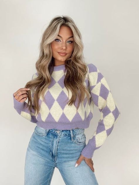 Lavender Fall Outfits, Pattern Sweater Outfit, Diamond Sweaters, Lane 201, Junior Fashion, Dusty Purple, Cream Sweater, Pattern Sweater, Women Clothing Boutique