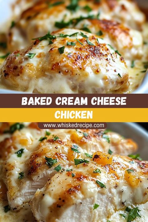 Get ready for the ultimate comfort food with this Baked Cream Cheese Chicken! With a creamy sauce made from cream cheese, garlic, and Parmesan, this baked chicken comes out juicy and flavorful every time. Perfect for weeknight dinners or a cozy weekend meal. Recipes Using Chicken And Cream Cheese, Baked Chicken Recipes With Sauce, Chicken In Cream Cheese Sauce, Easy Chicken Oven Dinner Recipes, Stuff Baked Chicken Recipes, Easy Cheesy Chicken Recipes, Bbq Cream Cheese Chicken, Chicken Oven Meals, Chive And Onion Cream Cheese Chicken