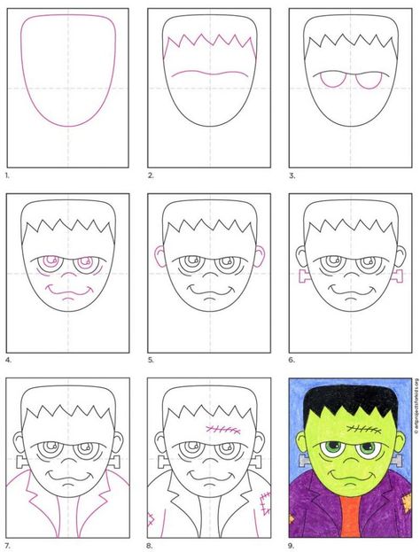 Frankenstein Directed Drawing, Draw Frankenstein, Frankenstein Face, Halloween Art Lessons, Easy Halloween Drawings, Face Step By Step, Frankenstein Art, Halloween Art Projects, Fall Art Projects