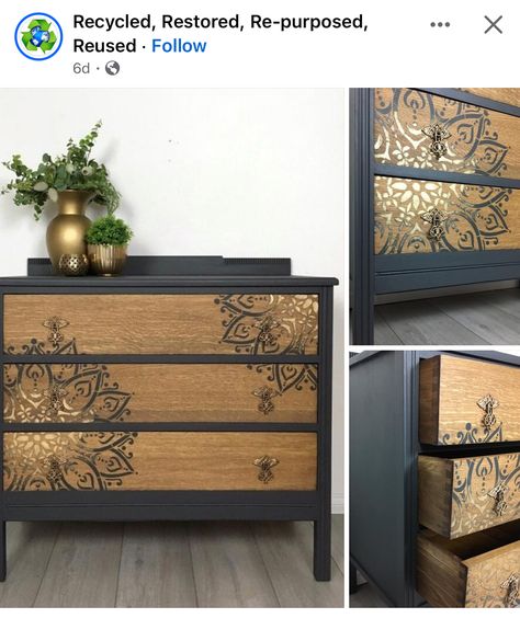 Mandala Art On Furniture, Mandala Dresser, Mandala Stenciled Dresser, Flip Furniture, Revamp Furniture, Furniture Flips, Stencil Furniture, Ideas Casa, Diy Furniture Renovation