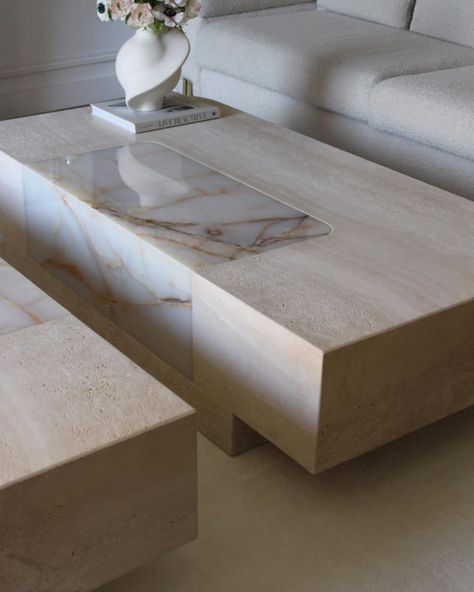 The Baci table, made from travertine with an incorporated onyx heart, is a versatile piece that can be split into two sections. This meticulously crafted table exudes sophistication and timelessness. Designed by Marbera Origin: France Inquire at info@gaiasroots.shop #marbletables #marbledesigns #coffeetables #bespokedesign #interiordesign Desk Cabinet, Onyx Colour, White Onyx, Elegant Sophisticated, Wood Crates, Marble Coffee Table, Coffee Table Square, Perfect Harmony, Large Furniture