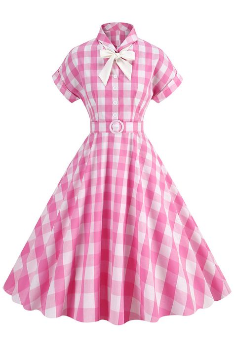 Vintage Glamour Dress, 1950s Shorts, Midi Flare Dress, Pink Plaid Dress, Pink Gingham Dress, Plaid Bow Tie, Cotton Long Dress, Glamour Dress, Pink Gingham