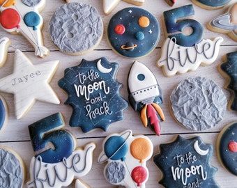 Planet Birthday, Moon Cookies, Boys First Birthday Party Ideas, Astronaut Birthday, Space Theme Party, Moon Party, Outer Space Birthday, Space Birthday Party, 2nd Birthday Party Themes