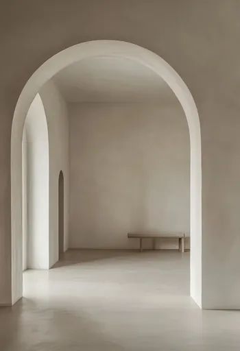 ↑↑↑ Larger size on website 🔸 The image shows a minimalist interior with a series of arches leading into a room with a single wood Wall With Arch Cutout, Archway Interior, Store Moodboard, Arch Pics, Arch Doorway, Arch Wall, Arch Interior, Structural Design, Additive Manufacturing