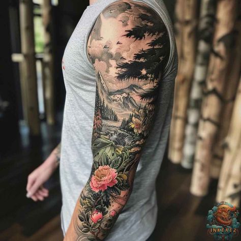 Nature Tattoo Sleeve, Full Arm Tattoos, Nature Tattoo, Intricate Tattoo, Sleeves Ideas, Elements Of Nature, Nature Tattoos, Tattoo Sleeve, Arm Tattoo