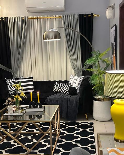 Project Home by Shiza Osama on Instagram: "MashaAllah laquwata illa billa 🫶🏻 My yellow , grey , black and white abode 🖤💛🩶🤍 . Furniture: @owaisinteriors Frames : @frames_and_wall_art_decor Curtains, throw, runner : @signaturebyfouziaarmani Cushions, rugs : @rizaries.us Plants , flowers @scenario.pk786" Black And Grey Living Room Curtain Ideas, Curtains With Black Furniture, Black Living Room Curtains Ideas, Yellow Black And White Living Room, Black And White Curtains Living Room, Black Curtains Living Room Ideas, Black Curtains Living Room, Black And Grey Curtains, Beautiful House Images