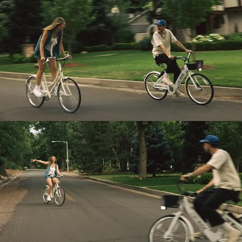 A rom-com inspired shoot with Layni & Austin 🎞️💞🎥 . . keywords - romcom, movie scenes, nostalgia, 90s aesthetic, 2000s aesthetic, couples inspo, bike photos, Pinterest inspo, adventure, guitar, outfit inspiration, cinema, cinematic photos Romcom Couple Aesthetic, Bike Ride Photoshoot, 90s Romcom Aesthetic, Couple At The Movies, 90s Engagement Photos, Rom Com Engagement Photos, 90s Rom Com Aesthetic, Coming Of Age Movies Aesthetic, Cinema Couple